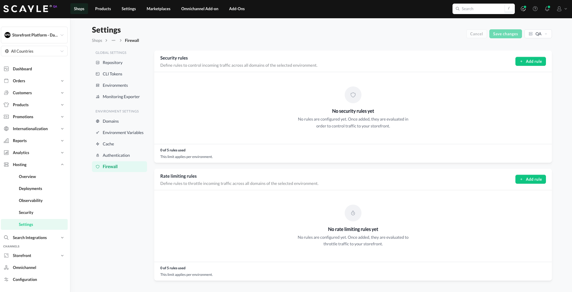 Firewall page with no security rules configured